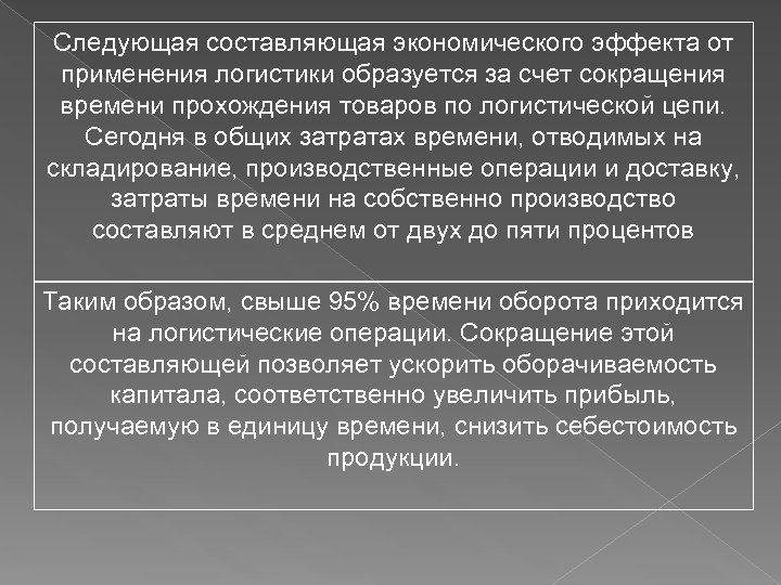 Следующая составляющая экономического эффекта от применения логистики образуется за счет сокращения времени прохождения товаров