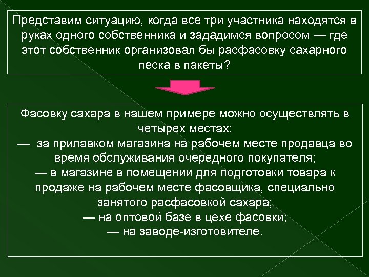 Представим ситуацию, когда все три участника находятся в руках одного собственника и зададимся вопросом