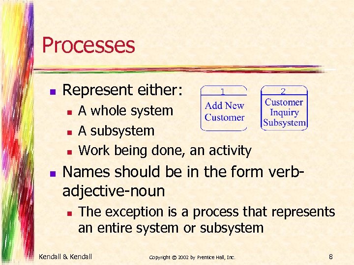 Processes n Represent either: n n A whole system A subsystem Work being done,