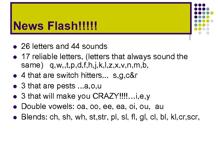 News Flash!!!!! l l l l 26 letters and 44 sounds 17 reliable letters,