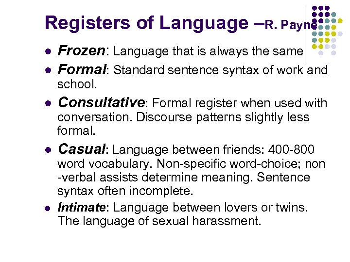 Registers of Language –R. Payne l l Frozen: Language that is always the same