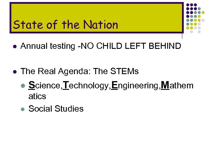 State of the Nation l Annual testing -NO CHILD LEFT BEHIND l The Real
