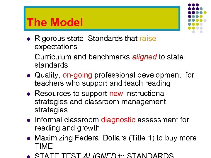 The Model l l Rigorous state Standards that raise expectations Curriculum and benchmarks aligned