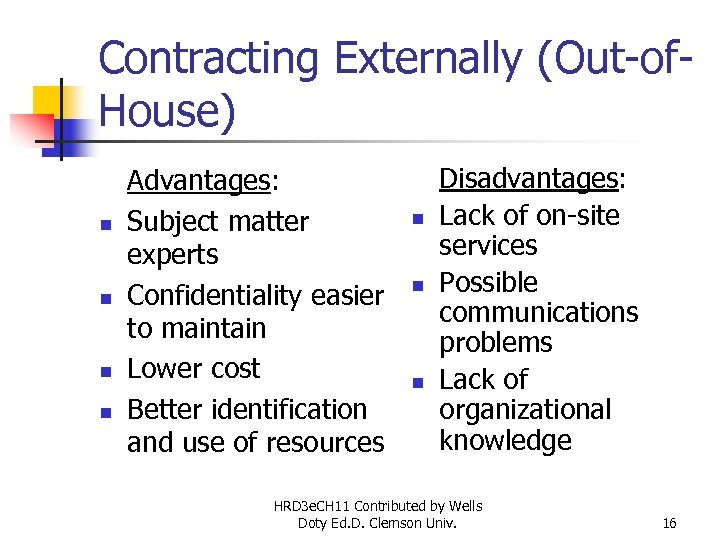 Contracting Externally (Out-of. House) n n Advantages: Subject matter experts Confidentiality easier to maintain