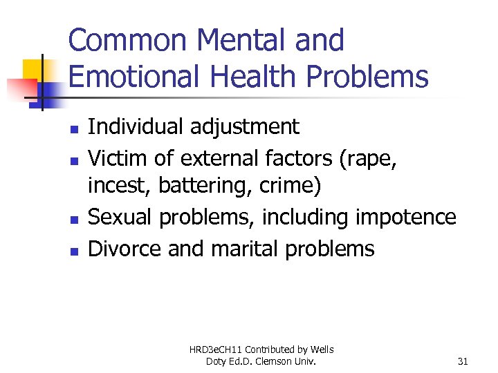 Common Mental and Emotional Health Problems n n Individual adjustment Victim of external factors