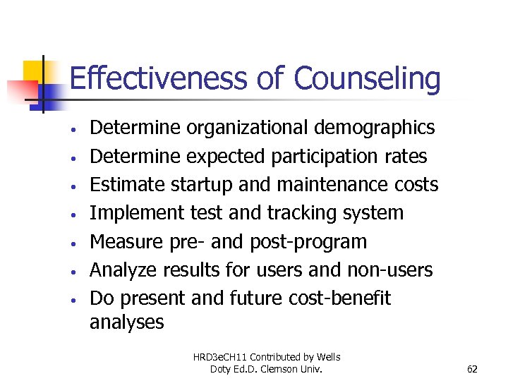 Effectiveness of Counseling • • Determine organizational demographics Determine expected participation rates Estimate startup