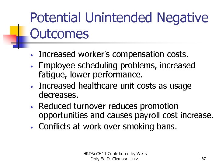 Potential Unintended Negative Outcomes • • • Increased worker’s compensation costs. Employee scheduling problems,