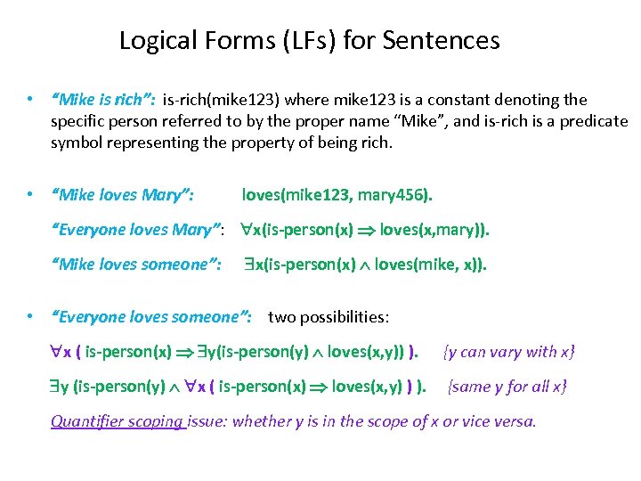 Logical Forms (LFs) for Sentences • “Mike is rich”: is-rich(mike 123) where mike 123