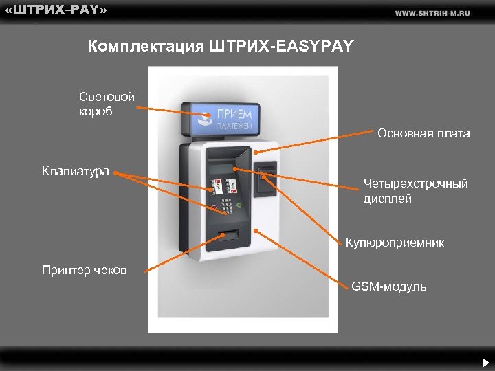  «ШТРИХ–PAY» Комплектация ШТРИХ-EASYPAY Световой короб Основная плата Клавиатура Четырехстрочный дисплей Купюроприемник Принтер чеков