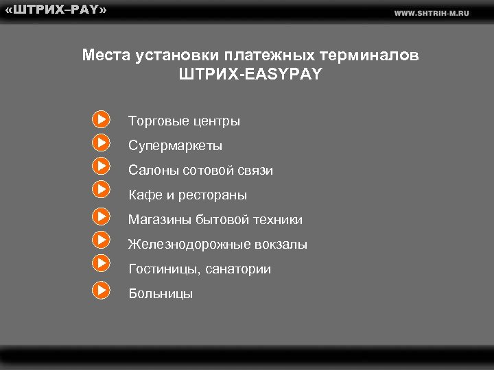  «ШТРИХ–PAY» Места установки платежных терминалов ШТРИХ-EASYPAY Торговые центры Супермаркеты Салоны сотовой связи Кафе