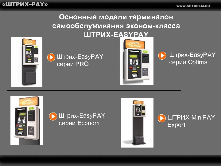  «ШТРИХ–PAY» Основные модели терминалов самообслуживания эконом-класса ШТРИХ-EASYPAY Штрих-Easy. PAY серии PRO Штрих-Easy. PAY