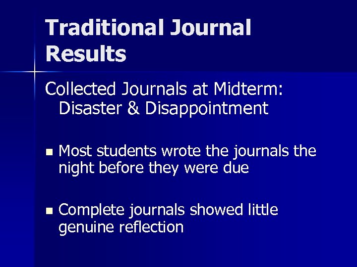 Traditional Journal Results Collected Journals at Midterm: Disaster & Disappointment n Most students wrote