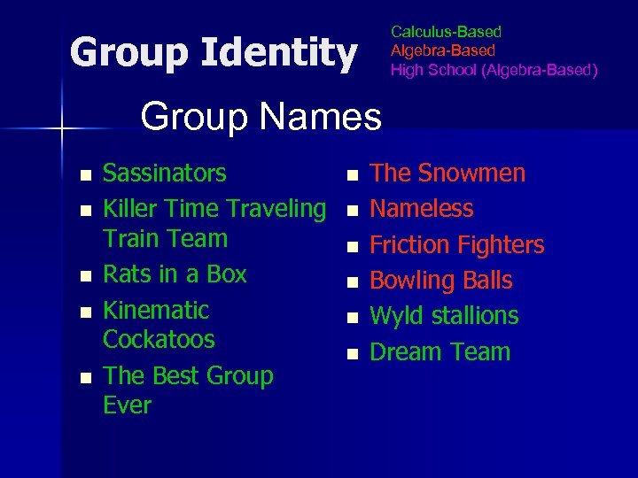 Calculus-Based Algebra-Based High School (Algebra-Based) Group Identity Group Names n n n Sassinators Killer