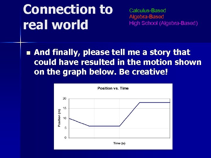 Connection to real world n Calculus-Based Algebra-Based High School (Algebra-Based) And finally, please tell