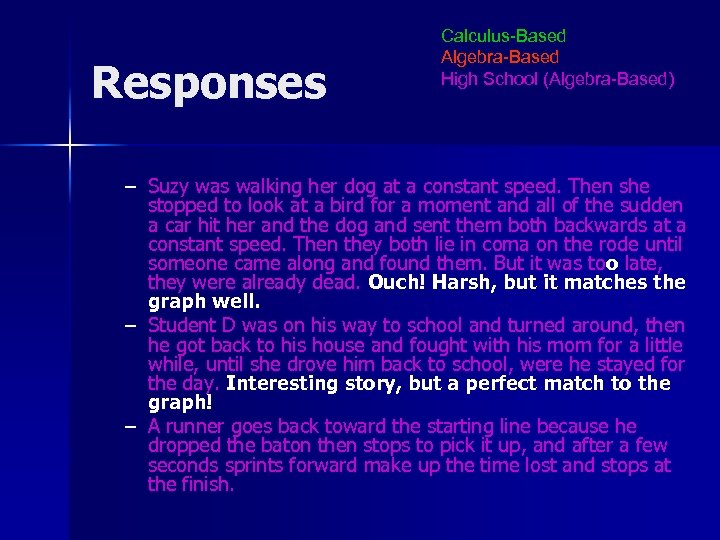 Responses Calculus-Based Algebra-Based High School (Algebra-Based) – Suzy was walking her dog at a