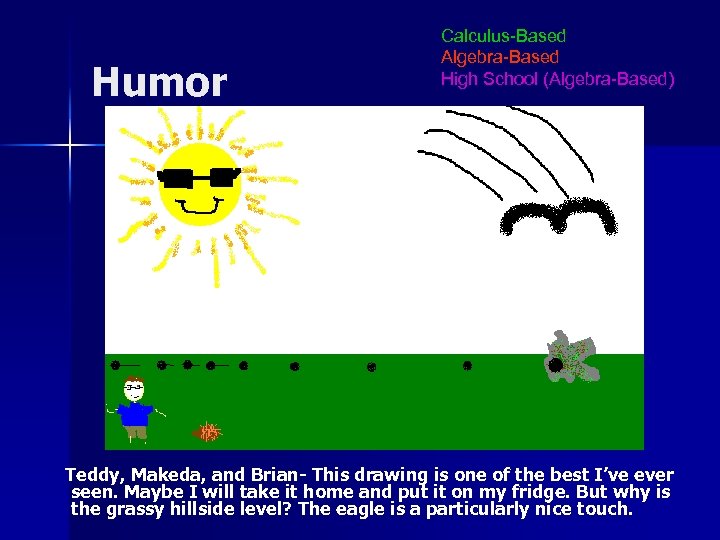 Humor Calculus-Based Algebra-Based High School (Algebra-Based) Teddy, Makeda, and Brian- This drawing is one
