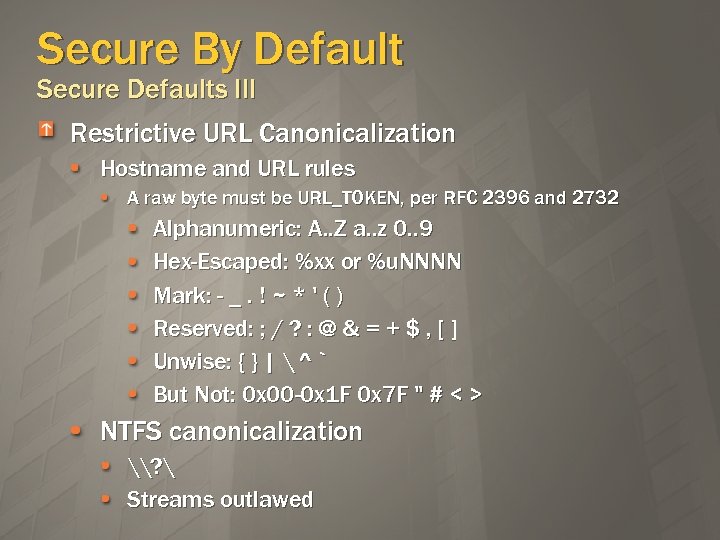 Secure By Default Secure Defaults III Restrictive URL Canonicalization Hostname and URL rules A