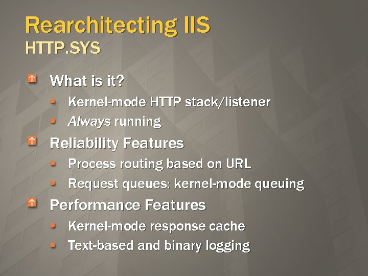 Rearchitecting IIS HTTP. SYS What is it? Kernel-mode HTTP stack/listener Always running Reliability Features