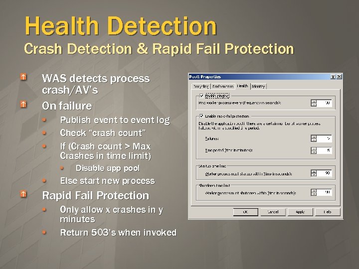 Health Detection Crash Detection & Rapid Fail Protection WAS detects process crash/AV’s On failure