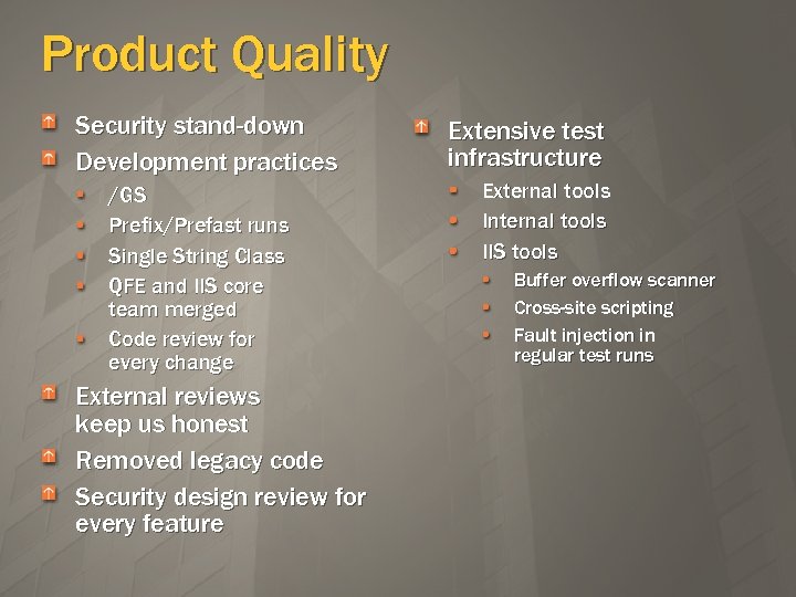 Product Quality Security stand-down Development practices /GS Prefix/Prefast runs Single String Class QFE and