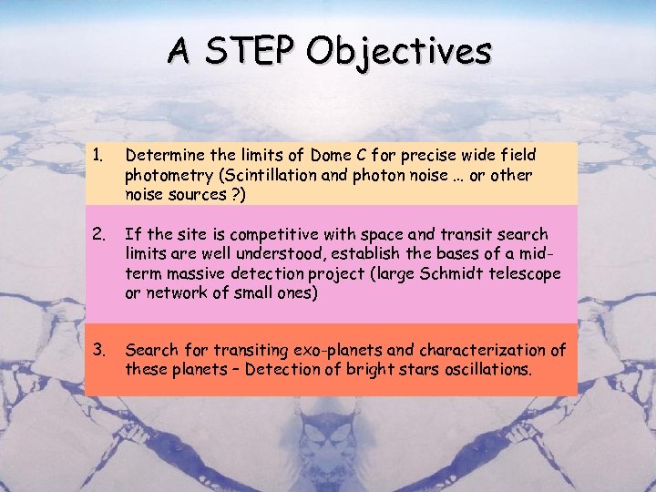 A STEP Objectives 1. Determine the limits of Dome C for precise wide field