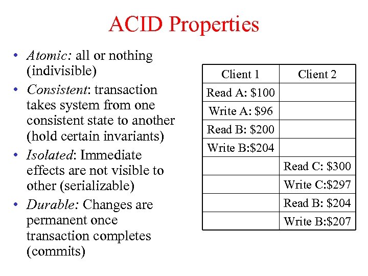 ACID Properties • Atomic: all or nothing (indivisible) • Consistent: transaction takes system from