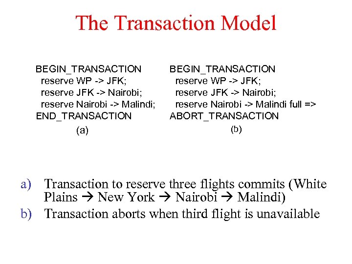 The Transaction Model BEGIN_TRANSACTION reserve WP -> JFK; reserve JFK -> Nairobi; reserve Nairobi