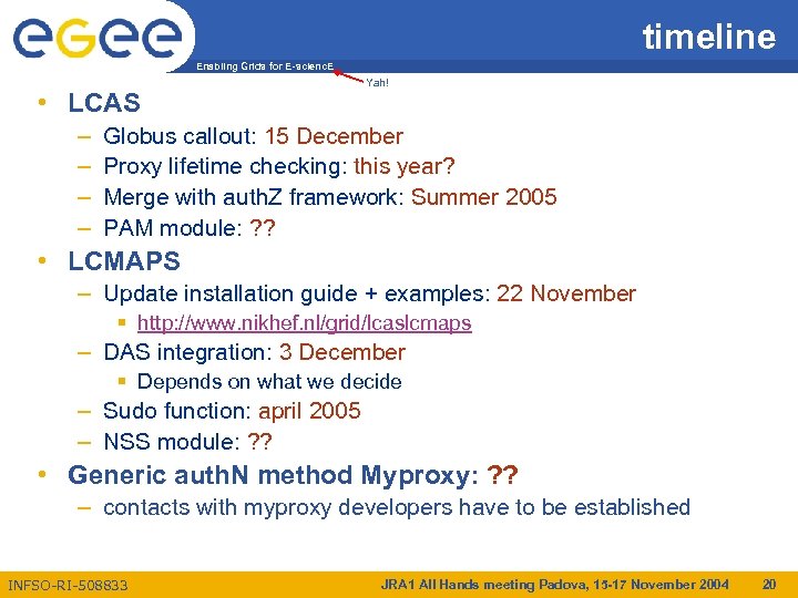timeline Enabling Grids for E-scienc. E • LCAS – – Yah! Globus callout: 15