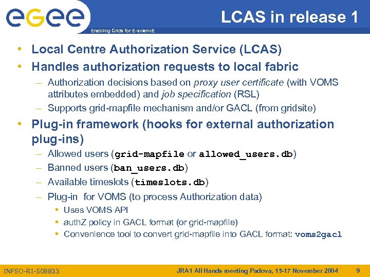 LCAS in release 1 Enabling Grids for E-scienc. E • Local Centre Authorization Service