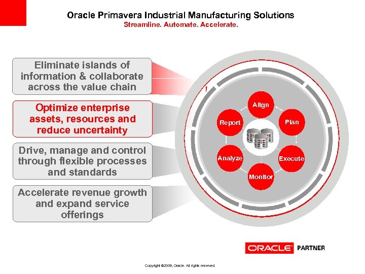 Oracle Primavera Industrial Manufacturing Solutions Streamline. Automate. Accelerate. Eliminate islands of information & collaborate