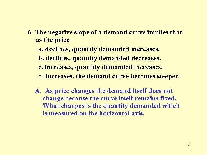 6. The negative slope of a demand curve implies that as the price a.