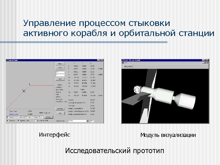 Управление процессом стыковки активного корабля и орбитальной станции Интерфейс Модуль визуализации Исследовательский прототип 