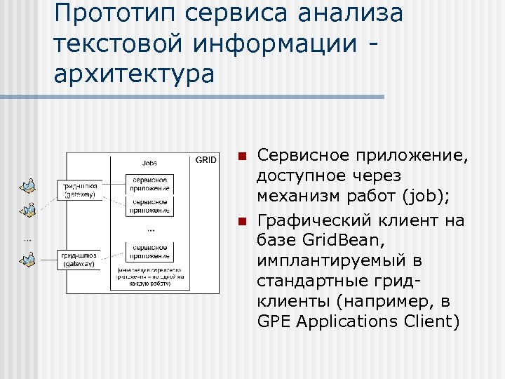 Прототип сервиса анализа текстовой информации архитектура n n Сервисное приложение, доступное через механизм работ