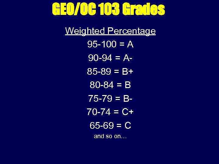 GEO/OC 103 Grades Weighted Percentage 95 -100 = A 90 -94 = A 85