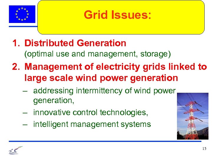 Grid Issues: 1. Distributed Generation (optimal use and management, storage) 2. Management of electricity