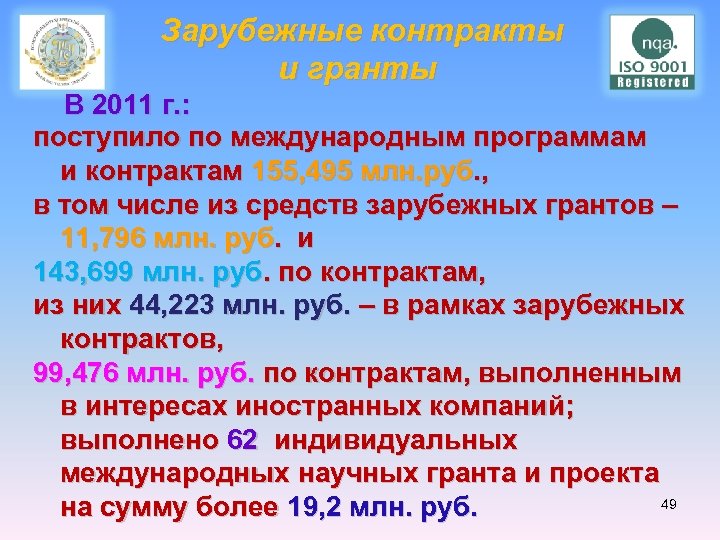 Зарубежные контракты и гранты В 2011 г. : поступило по международным программам и