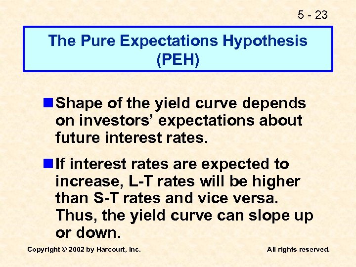 5 - 23 The Pure Expectations Hypothesis (PEH) n Shape of the yield curve