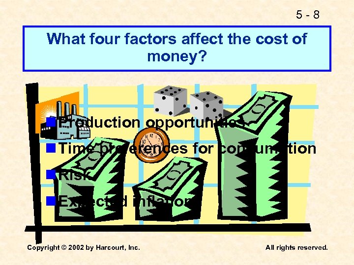 5 -8 What four factors affect the cost of money? n Production opportunities n