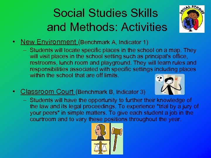 Social Studies Skills and Methods: Activities • New Environment (Benchmark A, Indicator 1) –