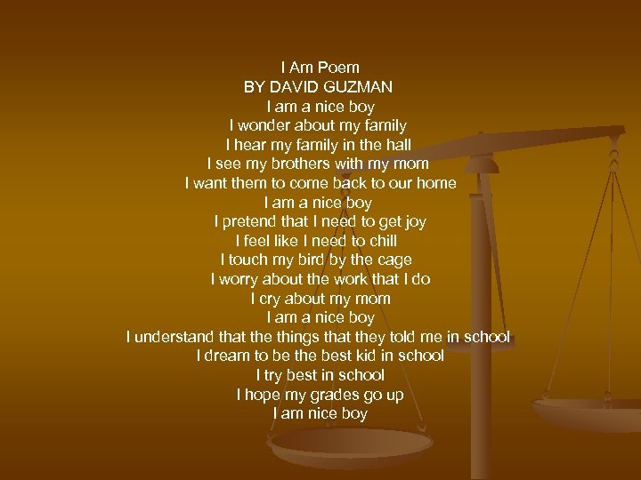 I Am Poem BY DAVID GUZMAN I am a nice boy I wonder about