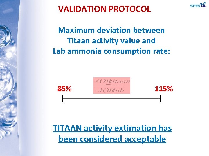 VALIDATION PROTOCOL Maximum deviation between Titaan activity value and Lab ammonia consumption rate: 85%