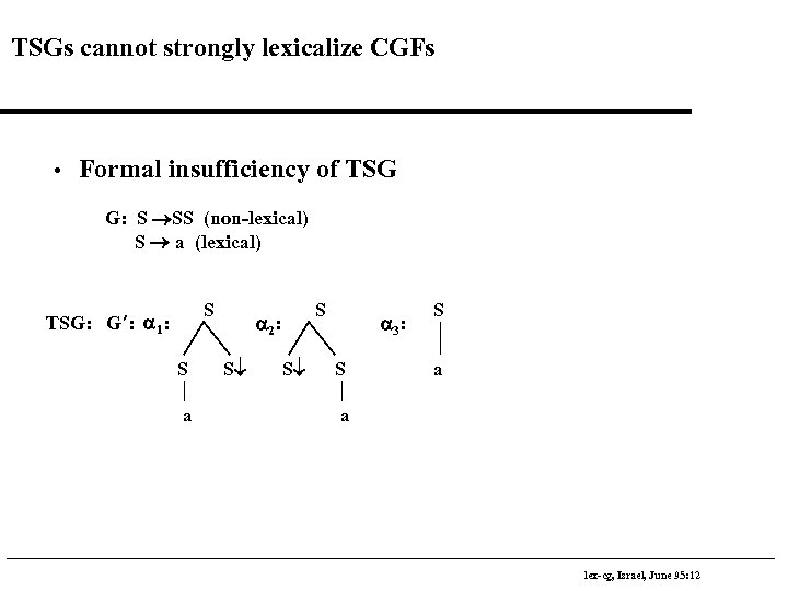 TSGs cannot strongly lexicalize CGFs • Formal insufficiency of TSG G: S ®SS (non-lexical)