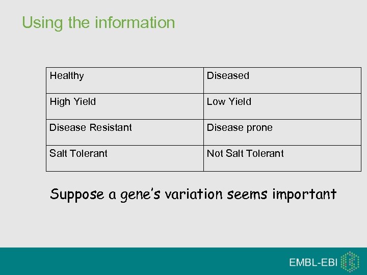 Using the information Healthy Diseased High Yield Low Yield Disease Resistant Disease prone Salt