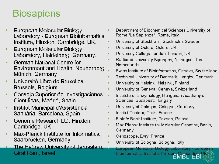 Biosapiens • • • European Molecular Biology Laboratory - European Bioinformatics Institute, Hinxton, Cambridge,