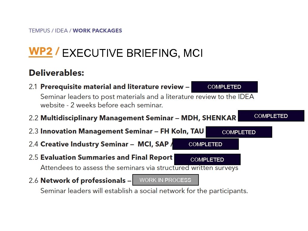 EXECUTIVE BRIEFING, MCI COMPLETED COMPLETED WORK IN PROCESS 