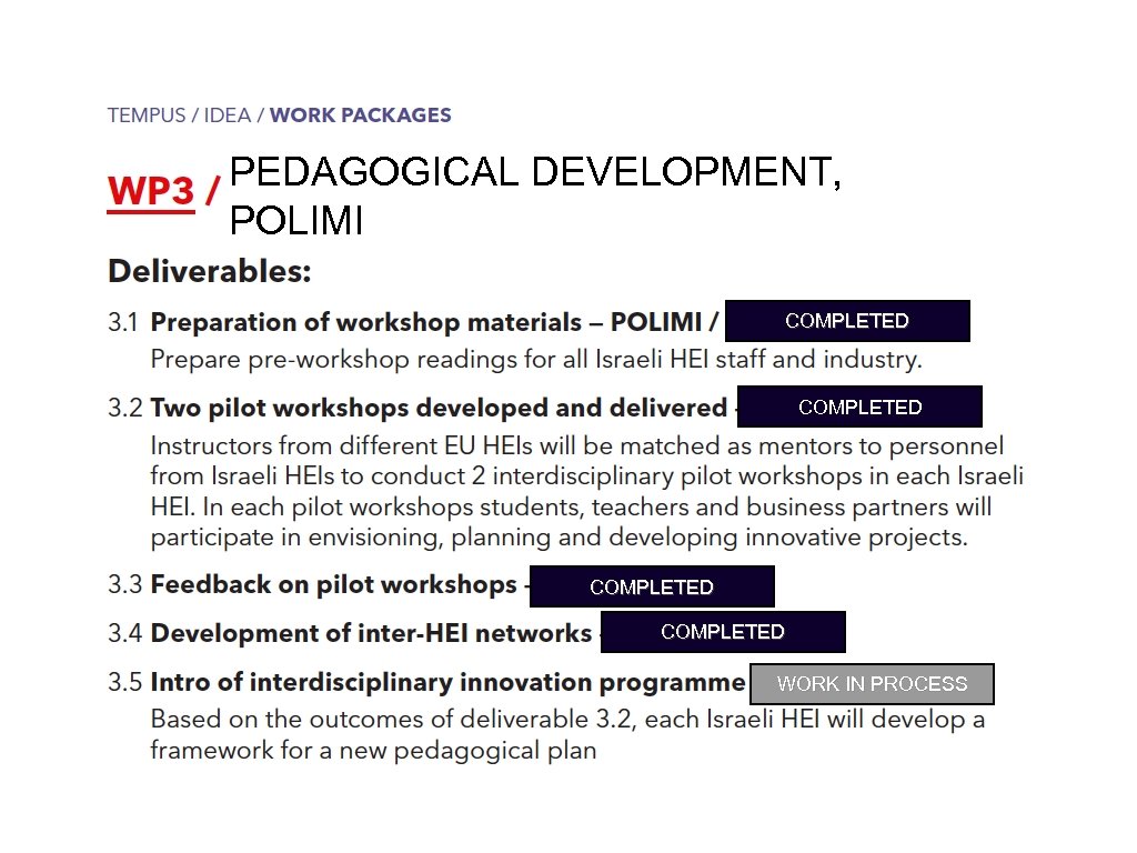 PEDAGOGICAL DEVELOPMENT, POLIMI COMPLETED WORK IN PROCESS 