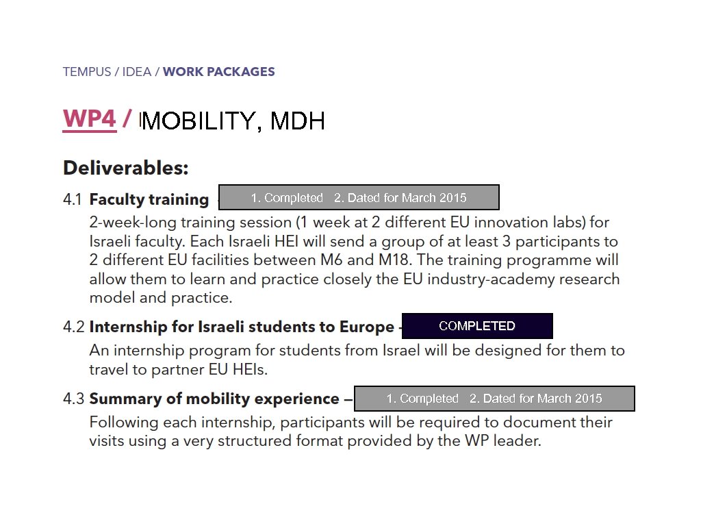MOBILITY, MDH 1. Completed 2. Dated for March 2015 COMPLETED 1. Completed 2. Dated