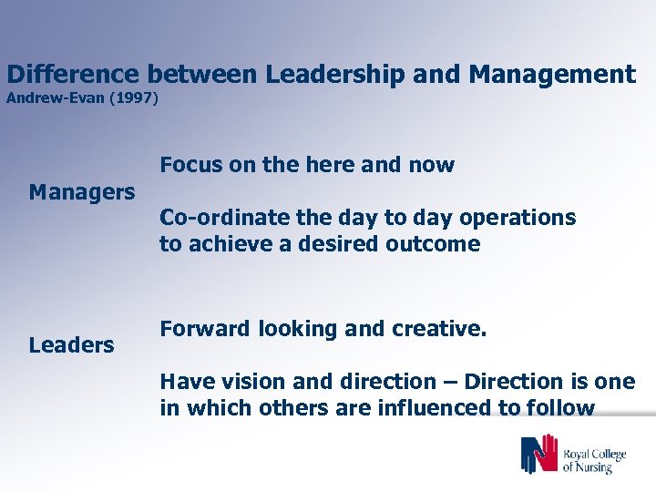 Difference between Leadership and Management Andrew-Evan (1997) Focus on the here and now Managers