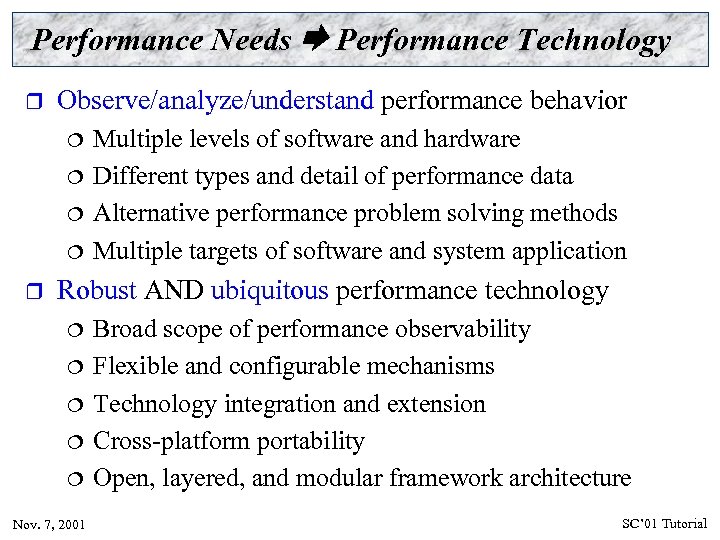 Performance Needs Performance Technology r Observe/analyze/understand performance behavior ¦ ¦ r Multiple levels of