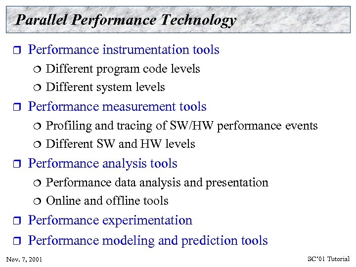 Parallel Performance Technology r Performance instrumentation tools ¦ ¦ r Performance measurement tools ¦